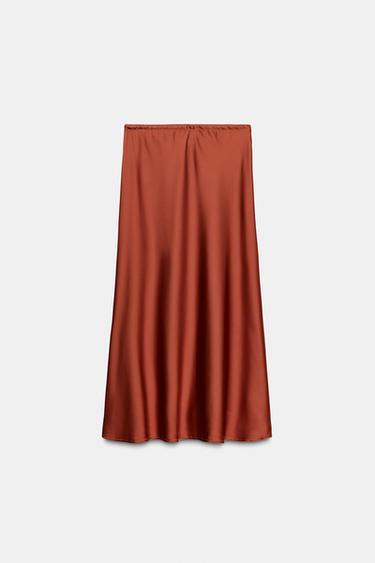 SATIN MIDI SKIRT - Red / Orange by Zara