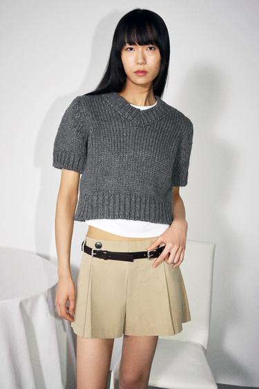 クロップド丈VネックニットセーターグレーZaraのクロップド丈Vネックニットセーター - グレー 