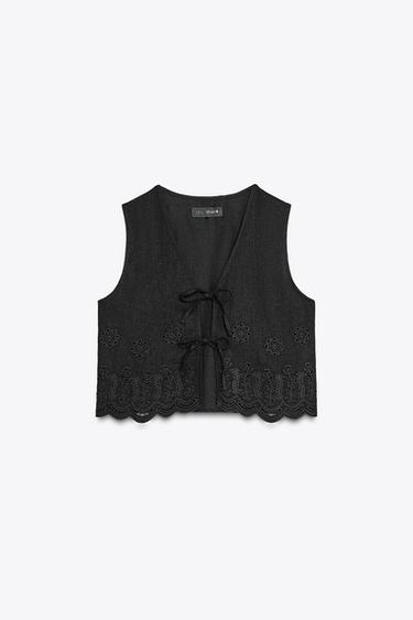 LINEN BLEND WAISTCOAT WITH CUTWORK EMBROIDERY - Black by Zara - Image 3