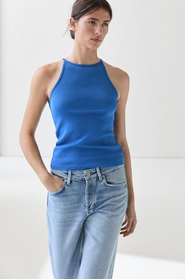 Top halter mezcla algodon - Azulón de Zara