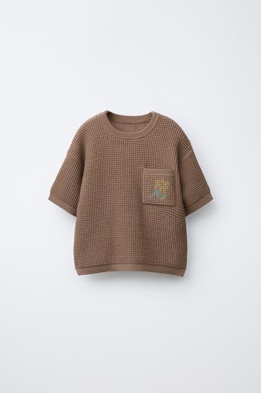 Zara EMBROIDERED POCKET KNIT T-SHIRT - Brown - Image 0