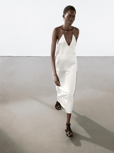 Zara Satin midi skirt with trims - Oyster-white