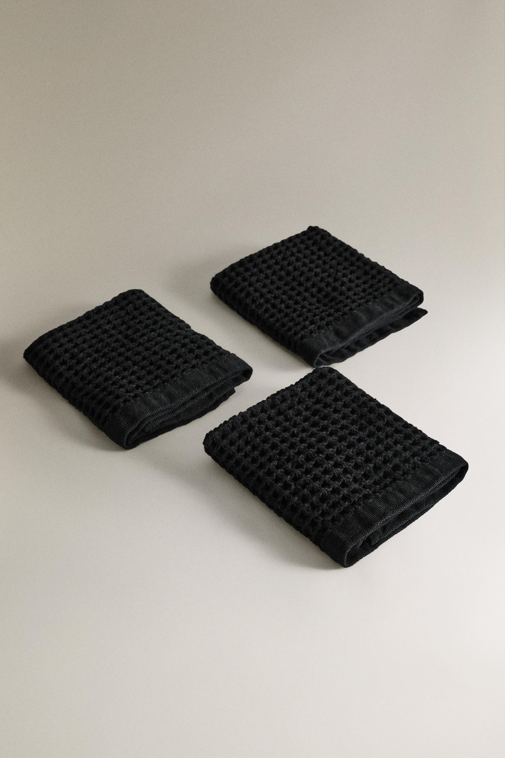 WAFFLE COTTON HAND TOWEL (PACK OF 3) — Black