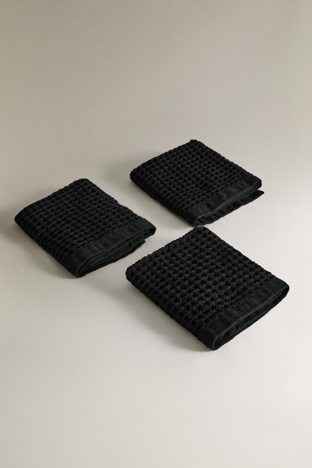 WAFFLE COTTON GUEST TOWEL (PACK OF 3) — Black