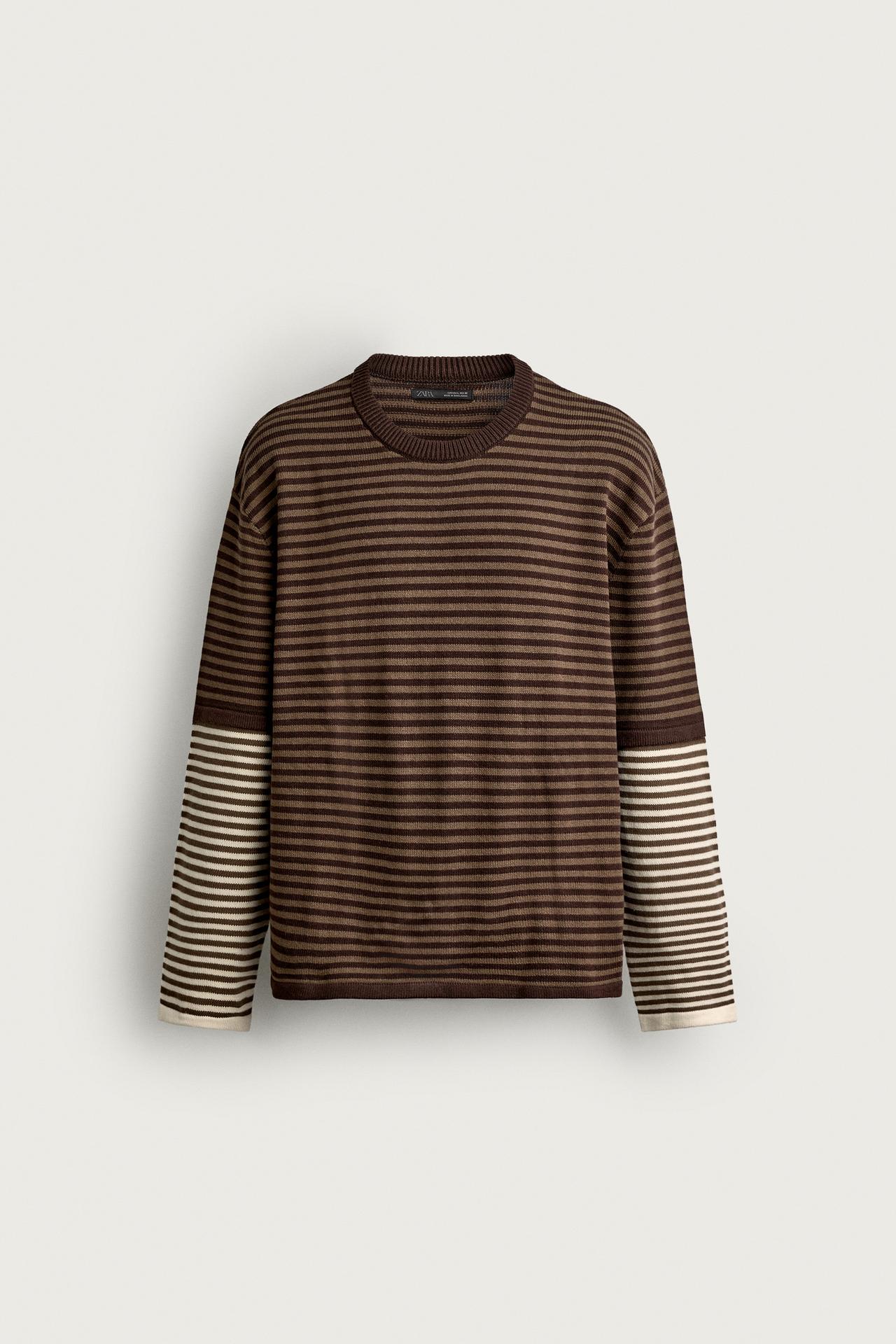 CONTRAST STRIPED JACQUARD SWEATER — Brown