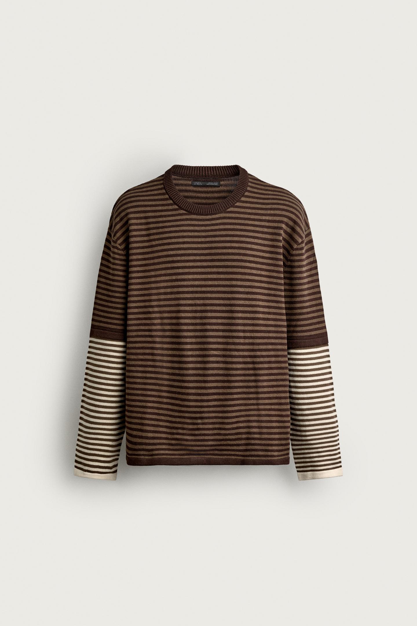Мужской свитер Zara Contrast Striped Jacquard, цвет: Коричневый — фото 7