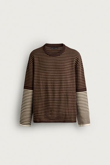 CONTRAST STRIPED JACQUARD SWEATER — Brown 1