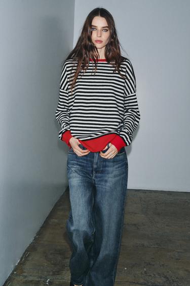 JERSI WOL 100% GARIS - Merah / Hitam dari Zara