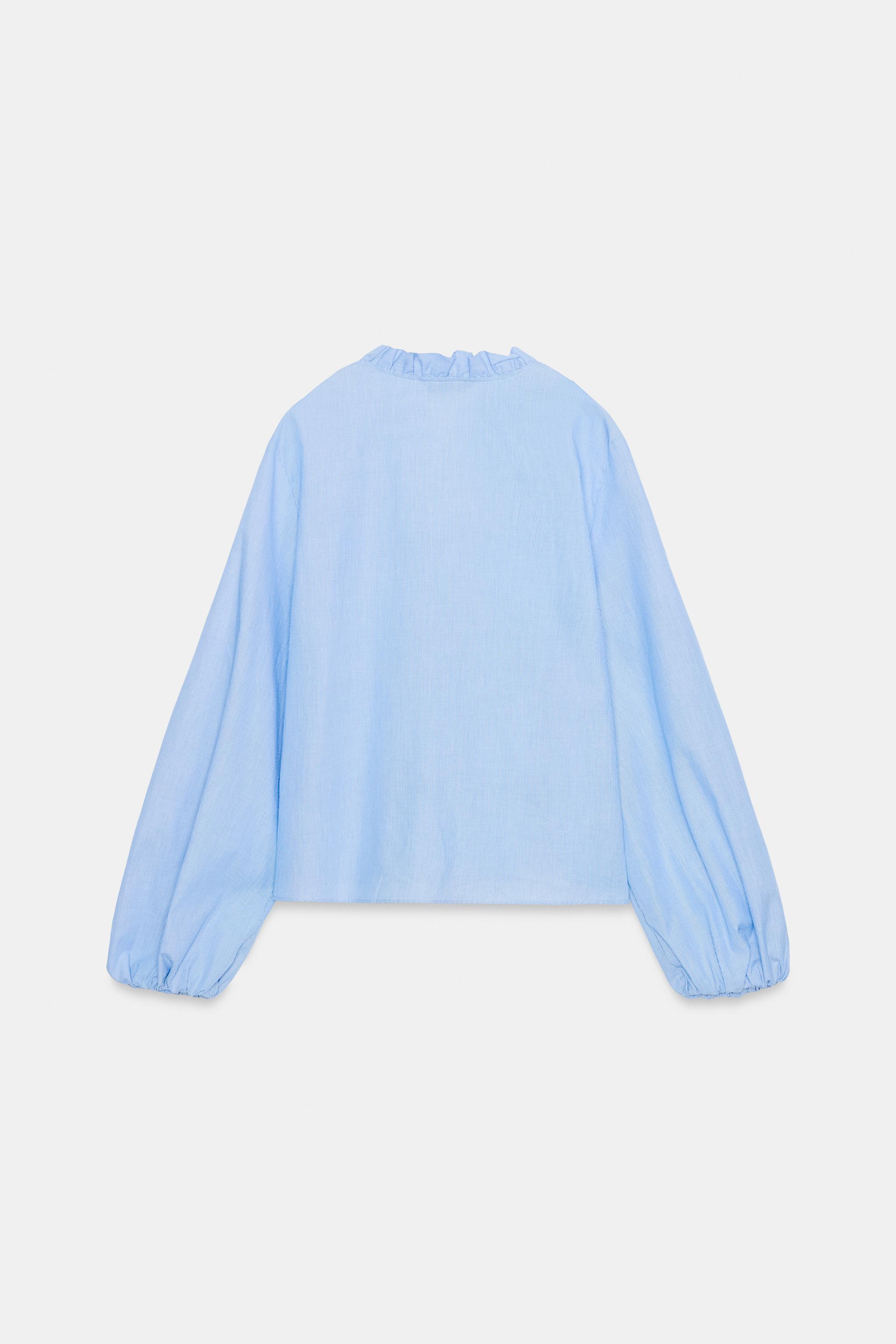 フリル付きポプリンブラウス - 青色/白色 | ZARA Japan / 日本