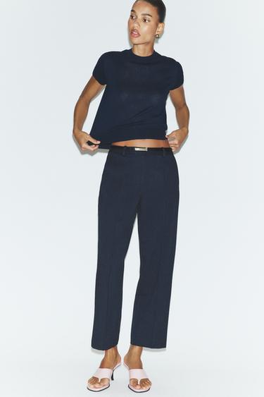 Zara STRAIGHT LEG BELTED PANTS - Navy blue