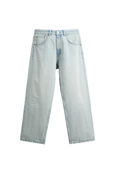 Front view of light blue denim jeans with front pockets and a straight leg.