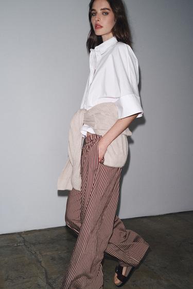 PANTALON FLUIDE RAYURES ZW COLLECTION - Écru / Grenat de Zara - Image 5