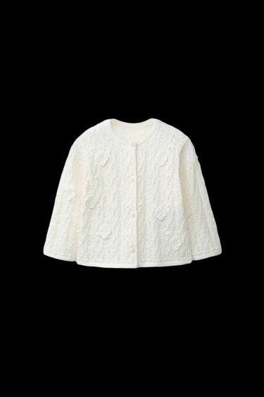 Zara OPENWORK KNIT CARDIGAN - Ecru
