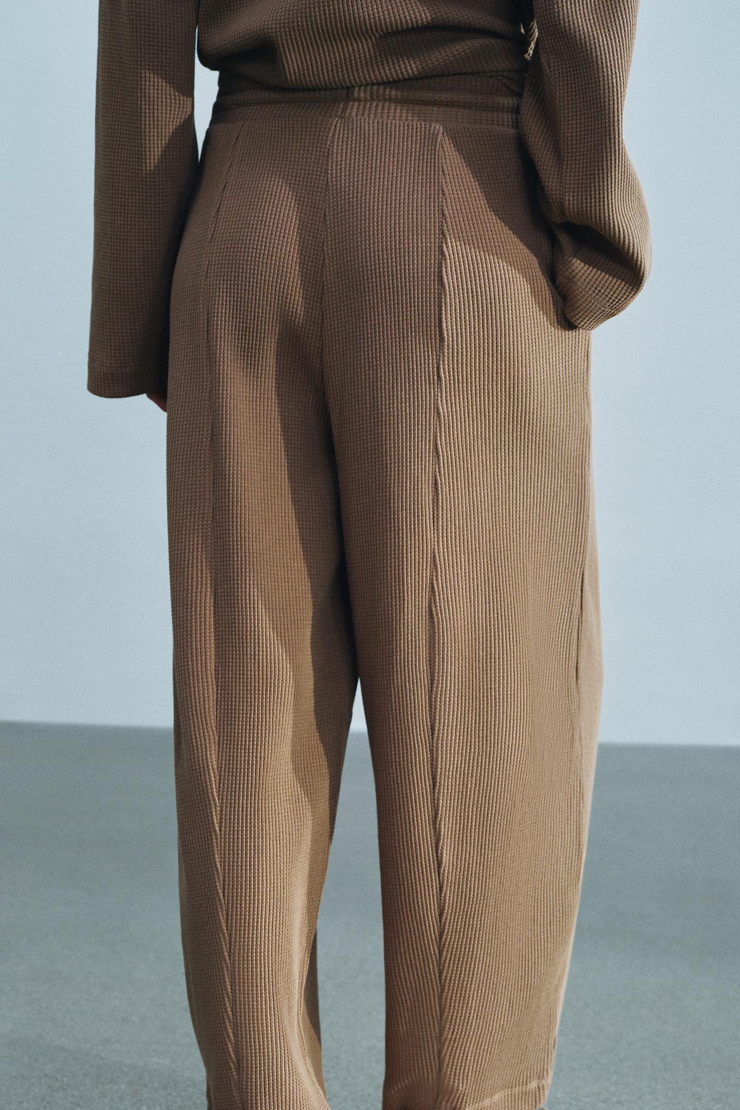 Женские брюки Zara Wide-Leg Waffle, цвет: Коричневый / Серо-коричневый — фото 3
