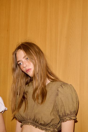 Zara WASHED POPLIN CROP TOP - Khaki