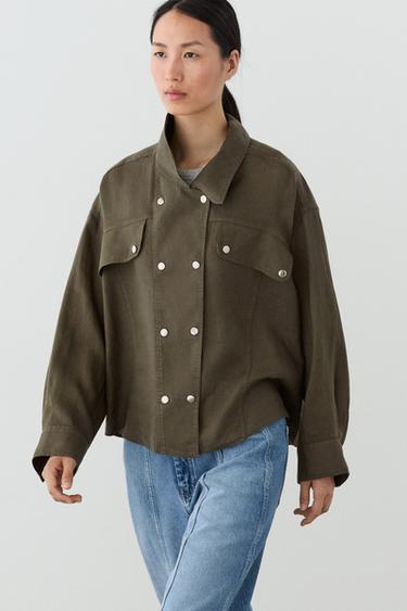 Zara 100% linen shirt with snap button detail - Mid-green