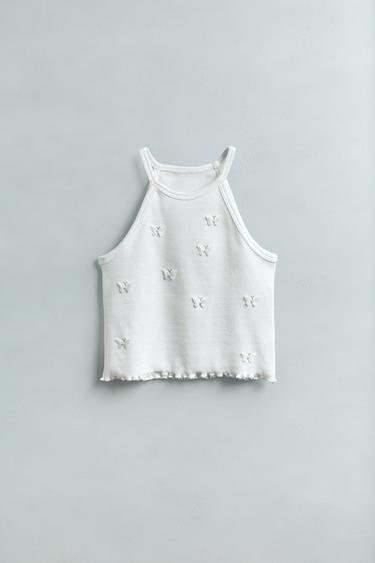 나비와 플라워 리브드 티셔츠 - Zara 화이트