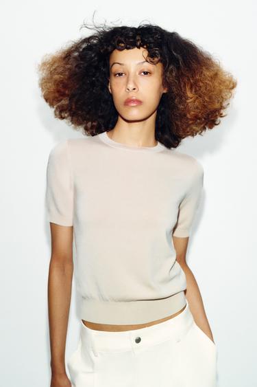 BASIC PLAIN KNIT SHORT SLEEVE TOP - Stone by Zara