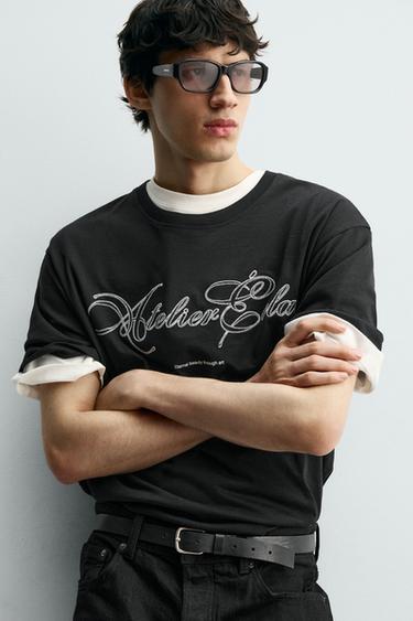 EMBROIDERED SLOGAN T-SHIRT - Black by Zara - Image 5
