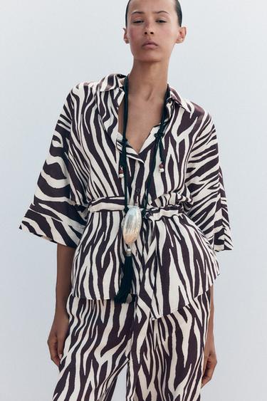 Zara ANIMAL PRINT SAFARI SHIRT - Brown / Ecru