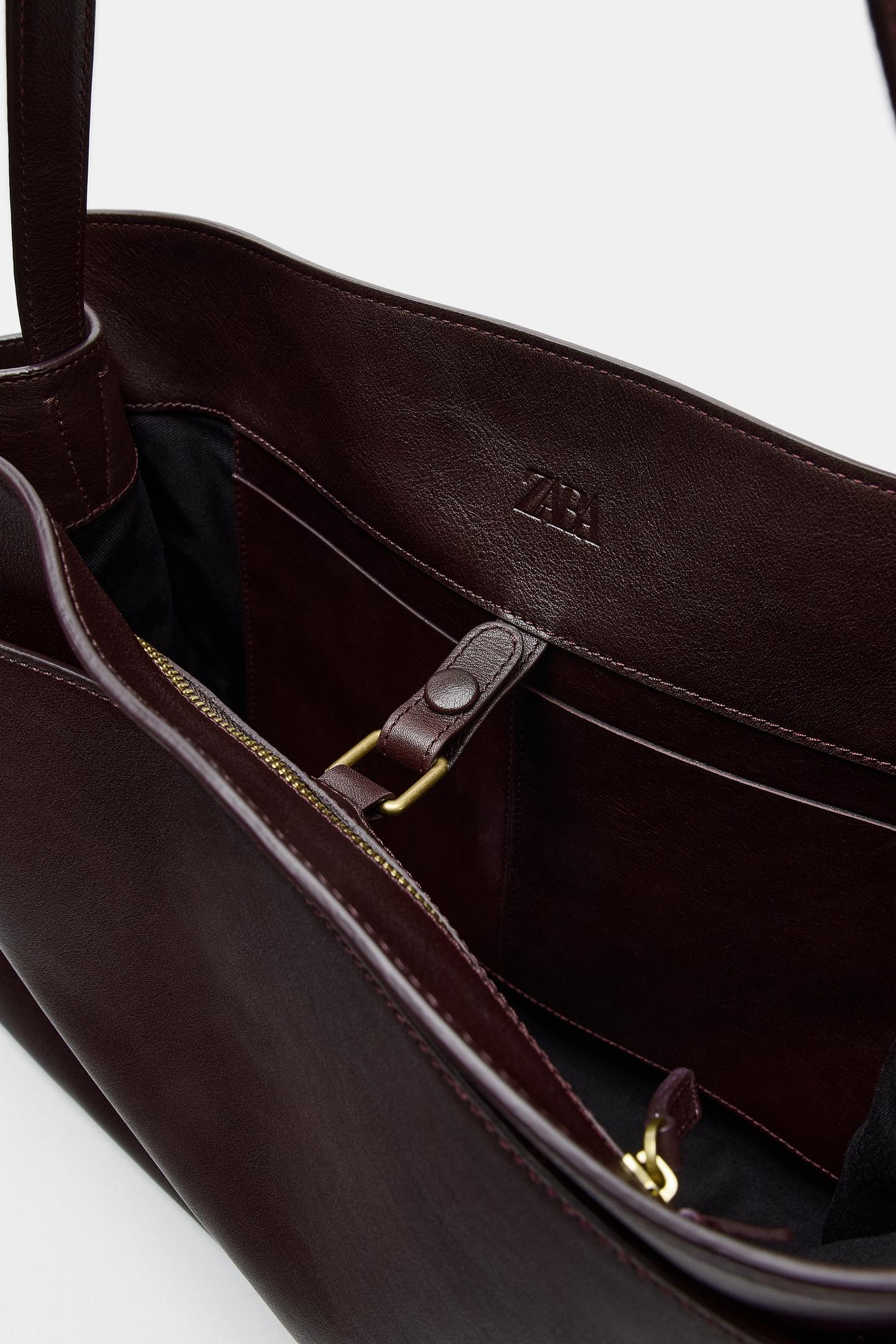 Женская сумка Zara Leather Maxi Shopper, цвет: Бордовый красный — фото 6