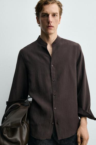 FLOWING BAND COLLAR SHIRT - Brown by Zara - Image 4