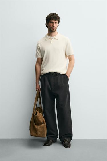 Zara RIBBED KNIT POLO SHIRT - Ecru
