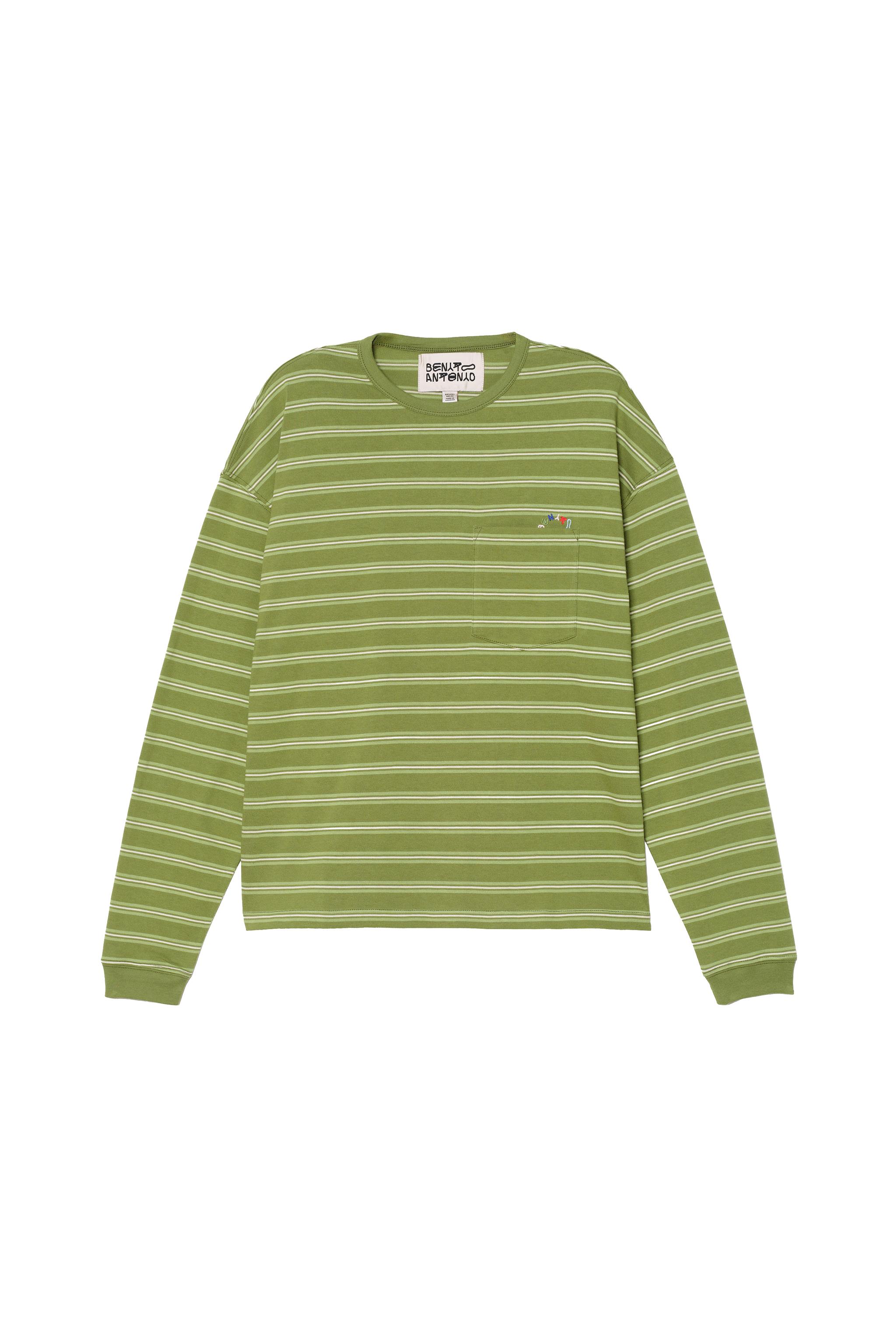 EMBROIDERED STRIPED POCKET T-SHIRT — Greens