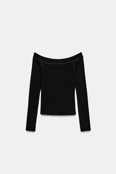 CAMISETA ALGODÓN CUELLO BARCO - Negro de Zara