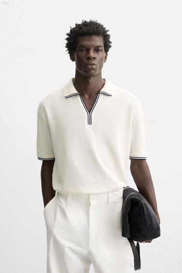 CONTRAST OPEN KNIT POLO SHIRT - Oyster-white by Zara