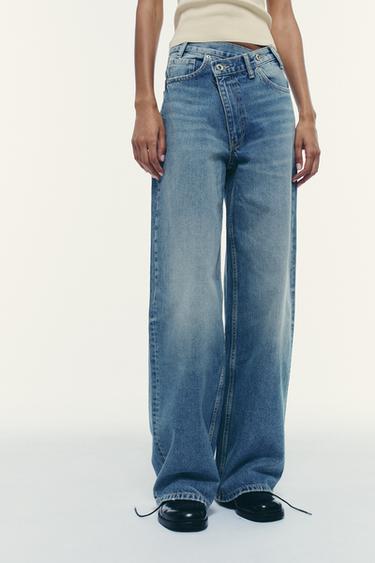 JEANS TRF WIDE LEG بخصر متصالب وسرج عالٍ - أزرق الخاص بـ Zara