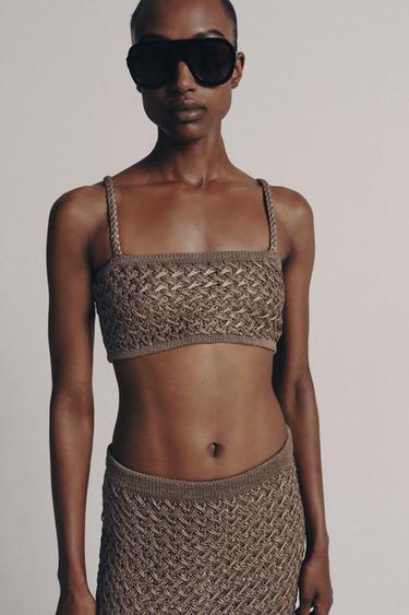 CABLE-KNIT CROP TOP - mink brown by Zara