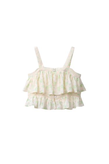 TOP DOBLE VOLANTE FLORES - Verde / Crudo de Zara