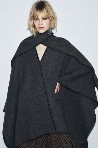 KNIT CAPE WITH CONTRAST THREAD SCARF - Grey by Zara
