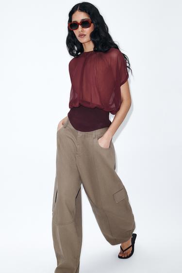TOP COMBINADO GEORGETTE SEMITRANSPARENTE - Chocolate de Zara