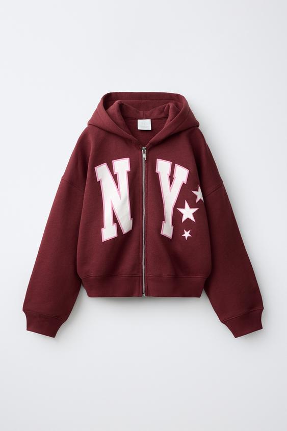 CROPPED VARSITY HOODIE - Burgundy by Zara - Image 0