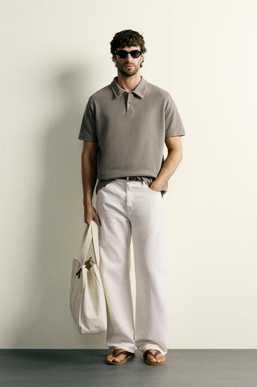 REGULAR FIT TEXTURED POLO SHIRT - Light brown by Zara