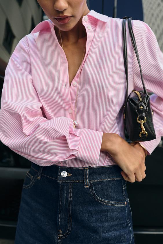 CAMISA DE ALGODÃO LISTRADA - Rosa / Branco da Zara - Imagem 0