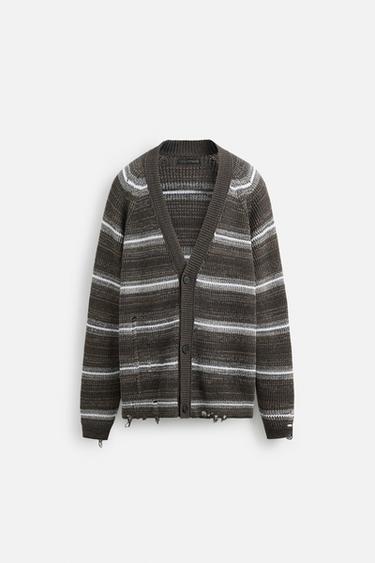 STRIPED DISTRESSED-EFFECT CARDIGAN - brown vigore by Zara