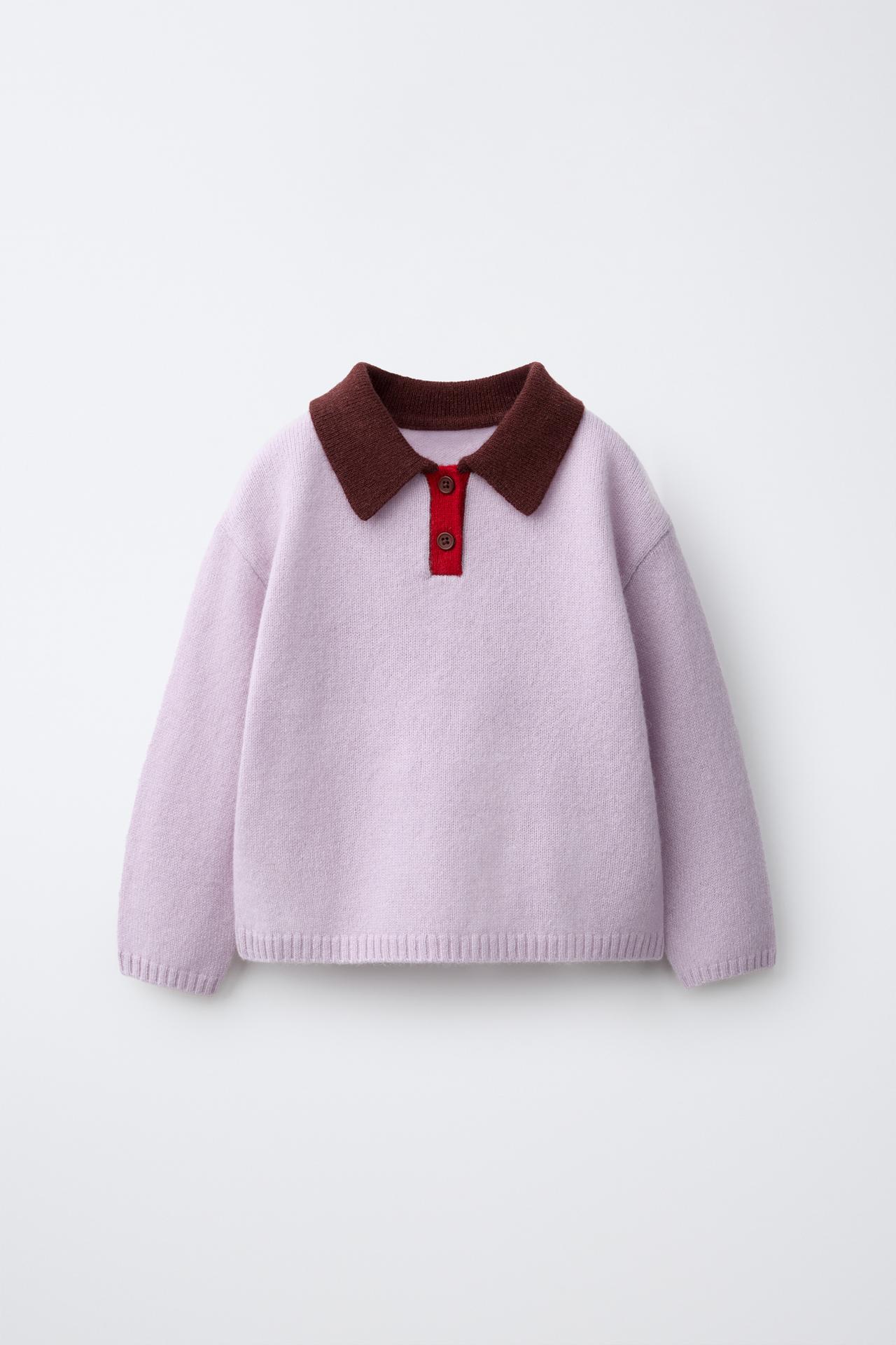 100% WOOL COLORBLOCK KNIT POLO — Light lilac