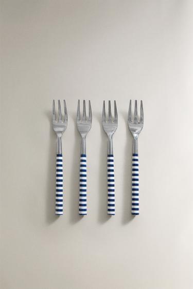 Zara SET OF DESSERT FORKS WITH STRIPED HANDLES (SET OF 4) - Blue / White