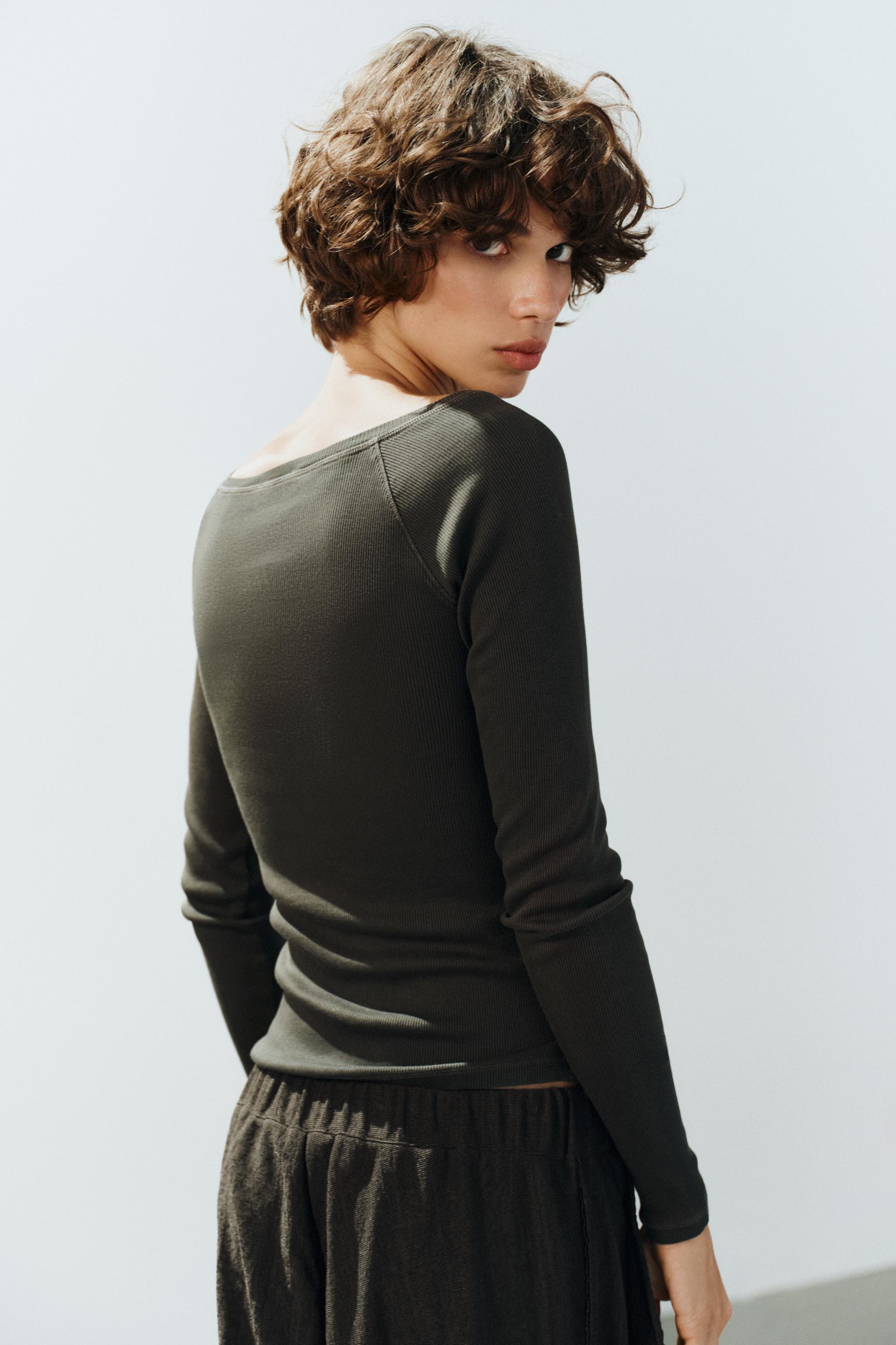 Женские футболки Zara RIBBED HENLEY T-SHIRT — фото 4