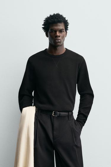 Zara 細格紋理 T 恤 - 黑色