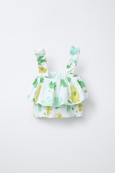 TOP IMPRIMÉ FLEURS VOLANTS - Écru / Vert de Zara - Image 1