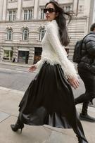 FAUX LEATHER LAYERED BELTED MIDI SKIRT