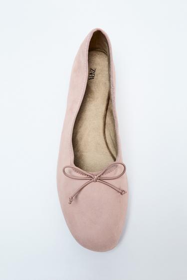 Zara SUEDE BALLET FLATS WITH BOW - Pink