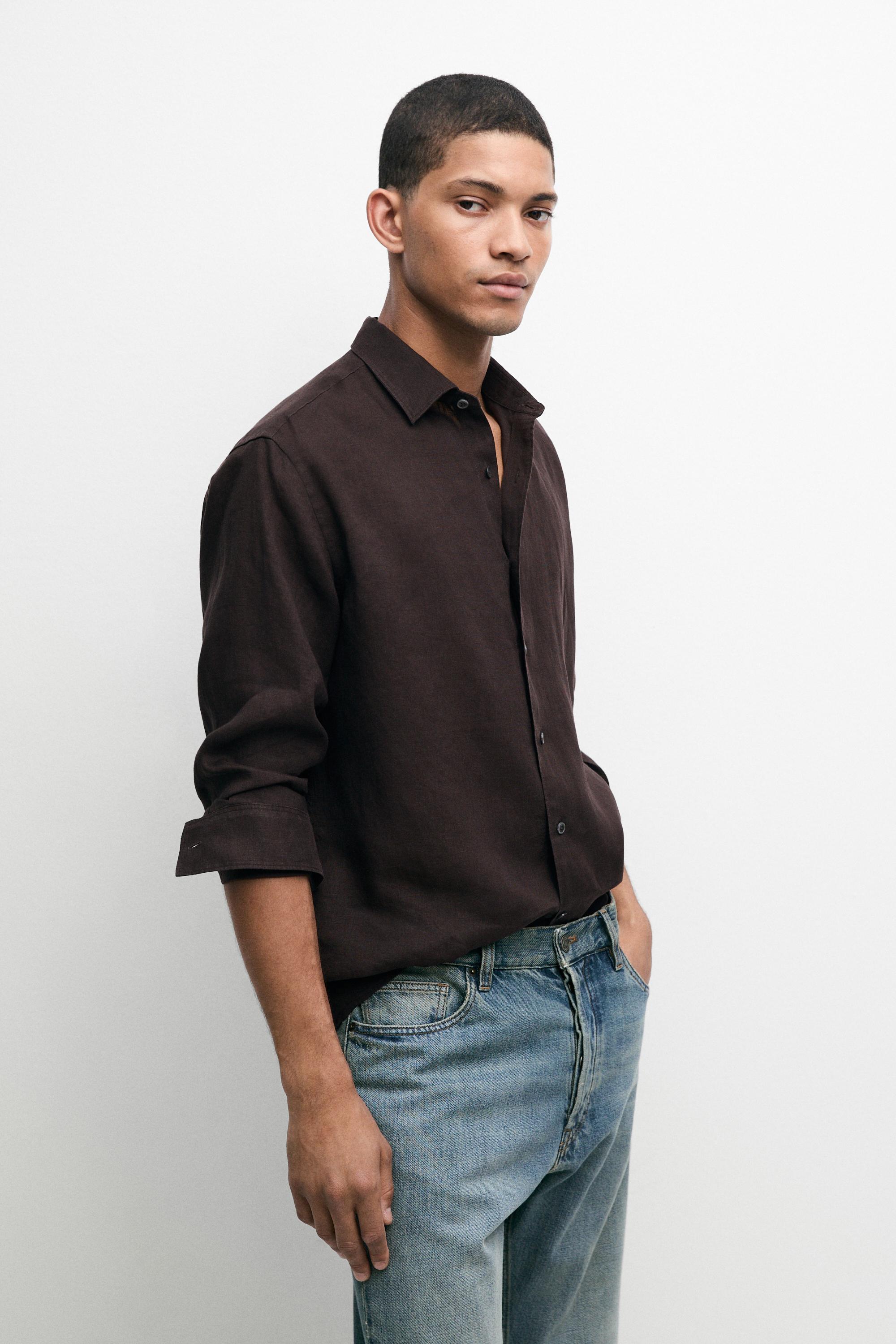 100% linen regular fit shirt — Chocolate