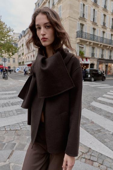 MANTEAU COURT ÉCHARPE AVEC LAINE - Marron de Zara - Image 2