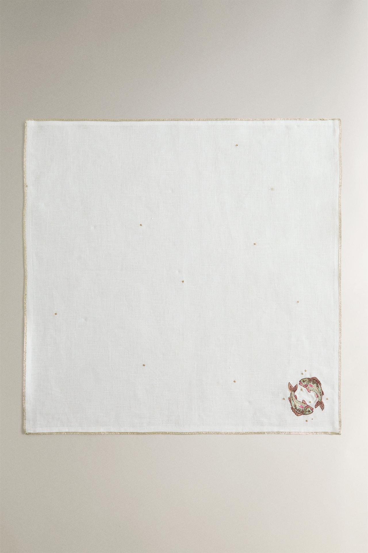 EMBROIDERED LINEN NAPKIN PISCES | MARISA BERENSON — Ecru