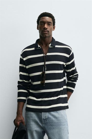 Zara STRIPED JACQUARD POLO SHIRT - Navy blue